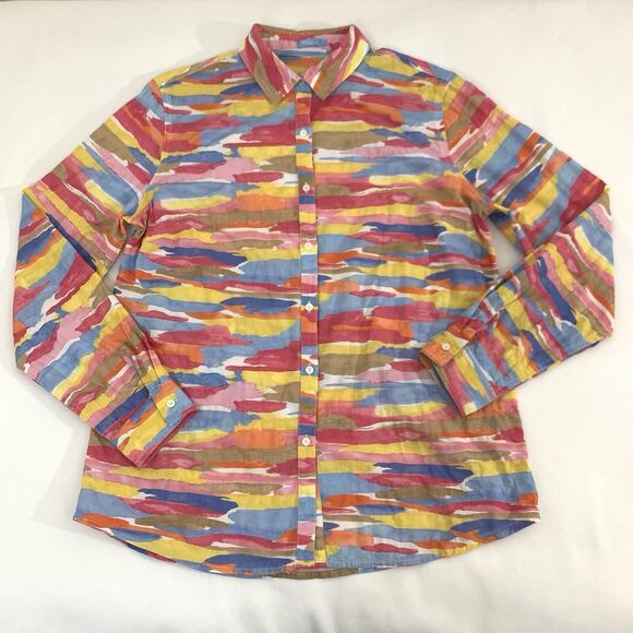 J McLaughlin Lois Shirt M Button Up Pink Colorful Tropical Watercolor Resortwear - Picture 2 of 8
